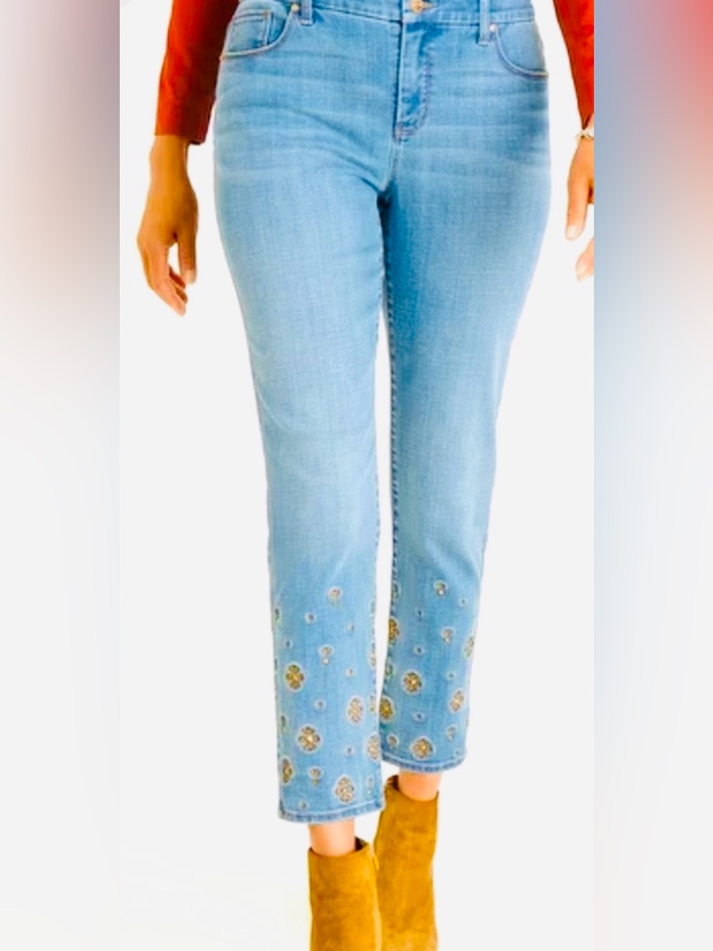 Chico's Light Blue Cropped Jeans with Embroidered Hem